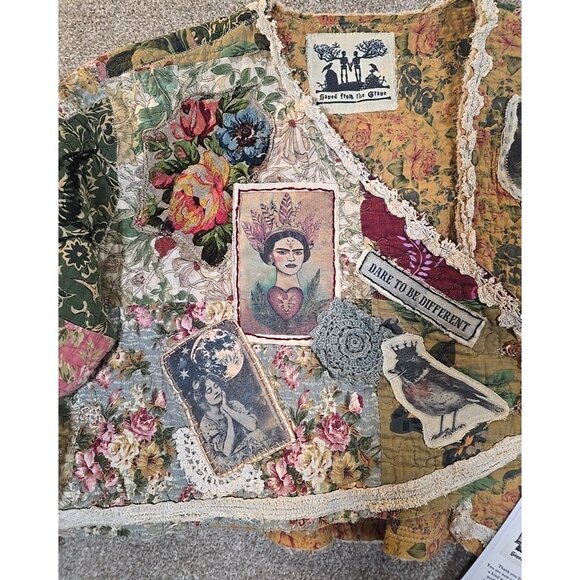OOAK Magnolia Boho Quilted Jacket Frida Cat Bird Gypsy Patchwork Vtg INDIE sz XL - Picture 5 of 16